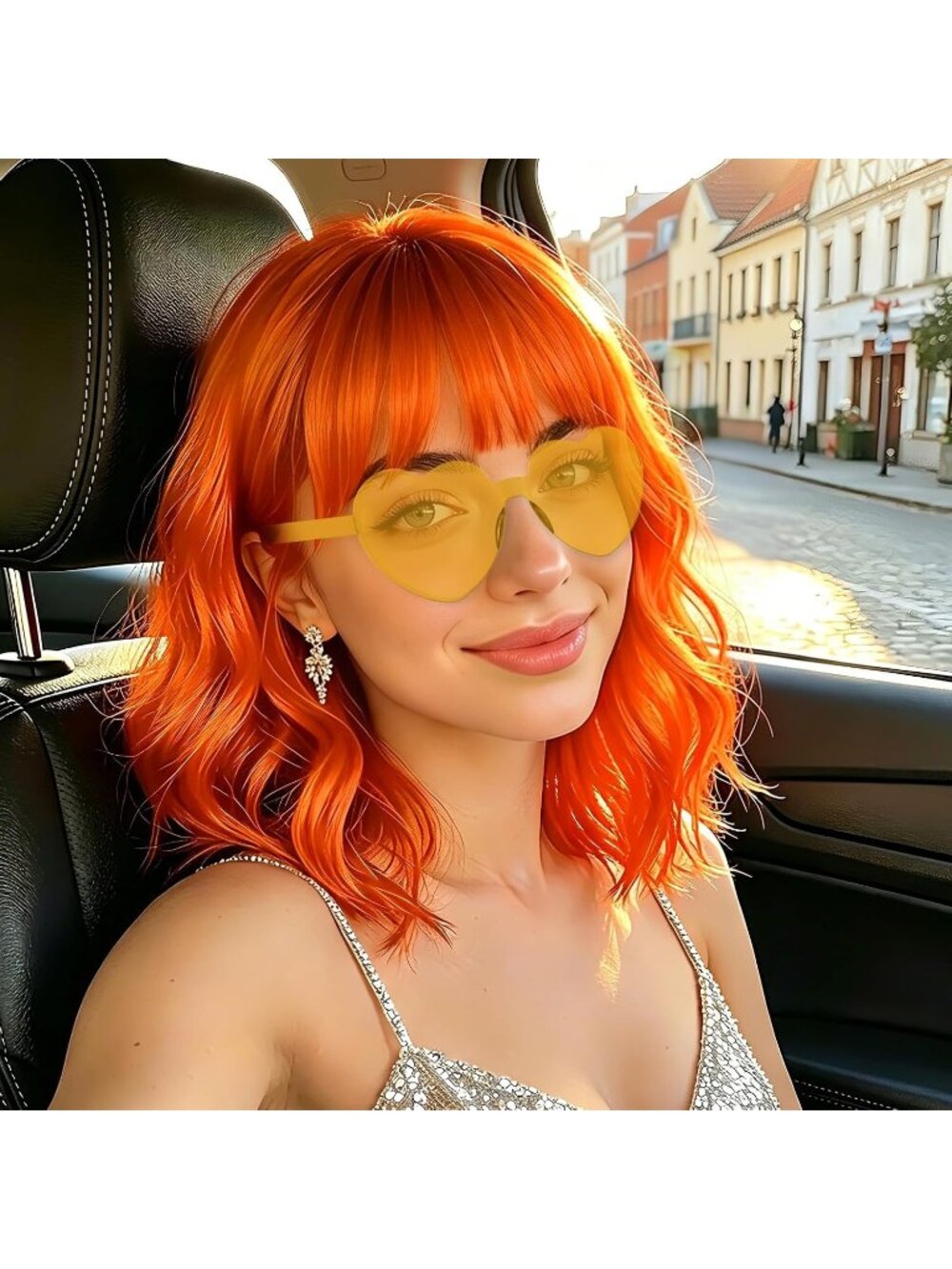 Women's Orange Curly Bob Synthetic Wigs Bangs With Neon Heart Sunglasses
